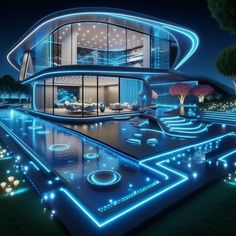 a futuristic house is lit up with blue lights