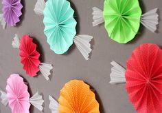 colorful paper fans are arranged on the wall