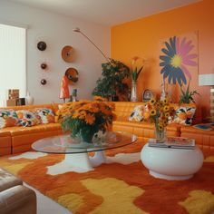 a living room filled with lots of furniture and flowers