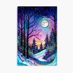 a painting of a snowy landscape with trees and the moon