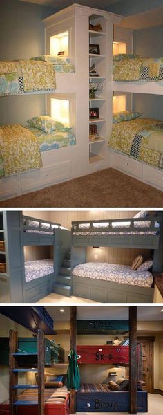 the bunk beds in this room are built into each other and have lights on them