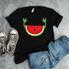 Dancing Watermelon Funny Shirt | watermelon shirt, watermelon, summer shirt, watermelon birthday, fruit shirt, birthday shirt We print on everything! In our shop you will find our designs mostly on short sleeve shirts, but since we use Printful's printing services we can print any design on any type of shirt or item you can see here: https://www.printful.com/custom-products You are welcome to send us a message if you want a design printed on any of the items on the Printful website. Dancing Wate Watermelon Shirt Ideas, Playful Red T-shirt For Summer, Green Summer Shirt With Funny Print, Cute Summer Shirt With Strawberry Print, Fun Red Summer Tops, Summer Watermelon Cotton Tops, Red Funny Print T-shirt For Summer, Fun Black Summer Shirt, Summer Strawberry Print Tops For The Beach