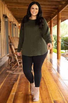 Our ALL NEW Slouchy is here!!! This dark olive cableknit tunic has a flattering CURVED hem, our signature dolman sleeves and long loose fit! This tunic is going to be your new go-to piece for the Fall and Winter or any time of year, really! It is seriously the softest material ever, and the neutral color makes it SO easy to style! Pair it with leggings, skinnies, booties, flats, a scarf, some glam accessories...seriously the opportunities are endless!! This comfy, cute beauty is a no-brainer!! 9 Fall Outfits For Plus Size Women, Fall Winter Outfits Plus Size, Plus Size Teacher Outfits, Fall Teacher Outfits, Easy Fall Outfits, Bonfire Outfit, Utah Outfits, Glam Accessories, Fair Outfits