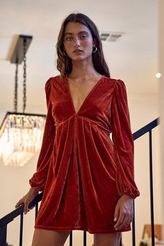 Timeless Clothes, Mock Neck Dress, Velvet Dress, Deep V Neck, Deep V, Boho Dress, Mock Neck, Night Out, Rust