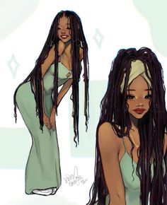 a drawing of a woman with long dreadlocks in her hair and wearing a green dress