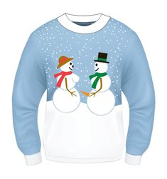 two snowmen wearing hats and scarves are standing in the snow on a blue sweater