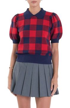 A preppy collared sweater with voluminous puff sleeves brightens any outfit with a bold gingham pattern. Spread collar Short sleeves 49% viscose, 28% polyester, 23% nylon Hand wash, dry flat Imported Collared Sweater, Puff Sleeve Sweater, English Factory, Gingham Pattern, Collar Sweater, Sleeve Sweater, Puff Sleeves, Gingham, Sweater Top