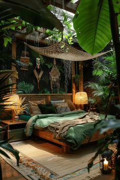 a bed sitting in the middle of a lush green room