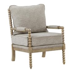 an upholstered chair with wooden beads on the armrests and seat cushion