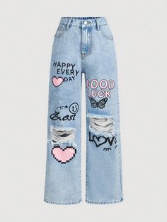 Light Wash  Collar  Denim Cartoon,Heart,Letter Straight Leg Embellished Non-Stretch  Tween Girls Clothing Preppy Jeans, Heart Jeans, Demin Jeans, Cute Ripped Jeans, Preppy Mode, Adrette Outfits, Jeans For Girls, Jeans Girl, Shein Jeans