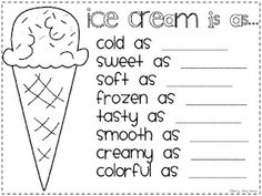 an ice cream themed writing paper with the words ice cream is as cold as soft as frozen