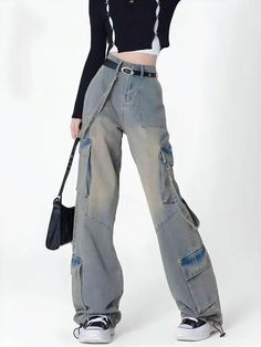 Grunge Straight Leg Cargo Jeans, Grunge Wide Leg Cargo Jeans With Five Pockets, Grunge Wide Leg Jeans With Cargo Pockets, High Waist Cargo Jeans In Grunge Style, Grunge Wide-leg Jeans With Cargo Pockets, Grunge Wide Leg Flare Jeans With Pockets, High Rise Cargo Jeans Grunge Style, Grunge Denim Cargo Pants With Pockets, Baggy Grunge Cargo Jeans With Multiple Pockets