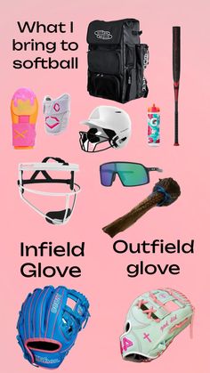 a pink background with different types of sports equipment and words written in black on it