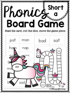 the phonics short and a board game is shown in black and white with an unicorn on it