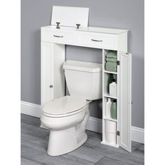 a white toilet sitting next to a bathroom cabinet