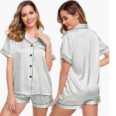 Materials: This Women's Pajama Set Is Made Of Lightweight Silk Satin(95% Polyester, 5% Spandex), Soft, Breathable And Skin-Friendly, Help You Have A Sound Sleep. Features: The Relaxed Fit Two-Piece Comfortable Sleepwear Pajama Set Features Silky Shorts With Elastic Waistband And Matches A Silky-Smooth Short-Sleeve V-Neck Top With A Chest Pocket, Notch Collar And The Button-Front Top Hits At Hips. The Sleepwear Set Are Soft And Elegant, To Giving You A Lazy Sleep. Occasion: Women's Short Sleeve S Loungewear Sets With Short Sleeves And Button Closure, Short Sleeve Loungewear Sets With Button Closure, Summer Button-up Sleepwear For Pajama Party, Summer Sleepwear With Button Closure And Short Sleeves, Summer Button-up Sleepwear For Bedtime, Fitted Short Sleeve Sleep Sets, Button Closure Sleepwear For Pajama Party, Button-up Sleepwear For Pajama Party, Summer Short Sleeve Buttoned Sleepwear