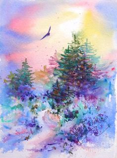 watercolor painting of trees and birds flying in the sky