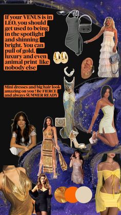 Sofia vergara, Cindy Crawford, yellow outfits, mini scurts, earrings, summer dress, text Chart Astrology, Aquarius Rising, Virgo And Scorpio, Gemini Rising, Virgo Women