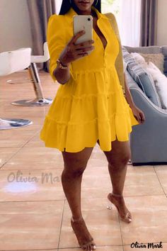 Color: Yellow-2, Size: 2XL Yellow Dress Outfit, Front Ruffle Dress, Collar Shirt Dress, Shirt Collar Styles, White Fashion Casual, Afrikaanse Mode, Collared Shirt Dress, Dress Sleeve Styles, Looks Black