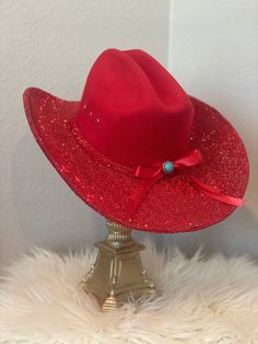 Handmade rhinestone cowgirl hat.  *NO returns or exchanges* All orders are Made To Order and custom made. Red Western Style Party Hat, Red Western-style Party Hat, Country Style Rhinestone Hats For Rodeo, Red Western Hat Band For Kentucky Derby, Red Western Style Hat Bands For Kentucky Derby, Red Western Hat Bands For Kentucky Derby, Rodeo Hat With Rhinestones And Curved Brim, Rhinestone-embellished Rodeo Hat With Curved Brim, Western Bling Hat For Rodeo