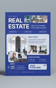 a real estate flyer is shown in blue