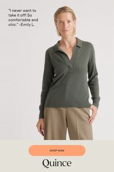 Our best-selling cashmere in another timeless style: the polo sweater. Made of 100% Mongolian cashmere (of course), in a relaxed fit, with an open polo collar for a casual-luxe look.  | Quince | Women's Mongolian Cashmere Polo Sweater in Moss, Size Medium Winter Cashmere Collared Top, Classic Relaxed Fit Cashmere Tops, Casual Cashmere Business Casual Tops, Classic Relaxed Fit Polo Sweater For Fall, Classic Cashmere Tops For Fall, Relaxed Fit Polo Collar Sweater For Fall, Collared Fine Knit Cashmere Tops, Collared Cashmere Polo Sweater For Fall, Collared Cashmere Polo Sweater For Work