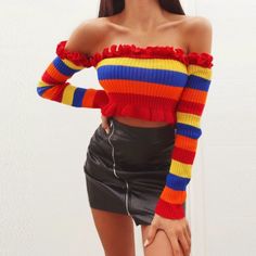 Off Shoulder Rainbow Stripe Knitted Top Rainbow Crop Top, Fashion Innovation, One Shoulder Shirt, Crop Top Outfit, Top Bustier, Pastel Grunge, Cropped Pullover, Stripe Long Sleeve, Lace Sweater