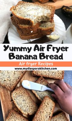 an air fryer banana bread cut in half on a cutting board