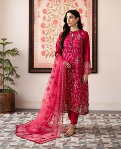 Material - Fabric: Top - Embroidered Lawn | Dupatta- soft organza with embroidery | Bottom- cotton trousers You will receive - Ready to wear salwar kameez and dupatta Size Guide The Size Of The Garment Ready On The Chest, Sizes In Inches Will Be The Following, (XS-34), (S-36), (M-38), (L-40), (XL-42), (2XL-44), (3XL-46), (4XL-48) Care Instructions - The first wash of the garment should always be Dry-Cleaned Note Due to the light and screen setting differences may make the item's color slightly different from the pictures. Red Anarkali Lawn Suit With Sheer Dupatta, Anarkali Lawn Suit With Sheer Dupatta In Red, Red Lawn Suit With Sheer Dupatta For Diwali, Red Lawn Suit With Sheer Dupatta For Eid, Festive Red Lawn Suit With Sheer Dupatta, Red Silk Lawn Suit For Eid, Red Semi-stitched Lawn Suit With Sheer Dupatta, Red Silk Lawn Suit With Chikankari Embroidery, Semi-stitched Red Lawn Suit With Sheer Dupatta