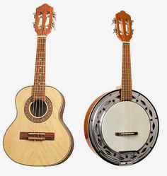 two guitars are sitting side by side on a white background