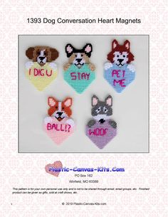 the instructions for this cross stitch heart magnets are in english and spanish, with pictures of dogs on them