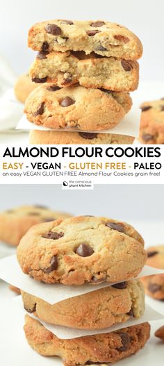 three cookies stacked on top of each other with the words, almond flour cookies easy vegan