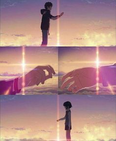 some anime characters are holding their hands out in front of the sky with clouds and sun behind them