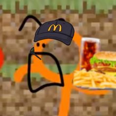 an animated image of a man holding a tray of fries and a mcdonald's sandwich