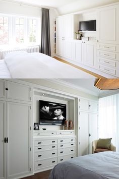 there are two pictures of a bedroom with white furniture in it and the same one has an entertainment center