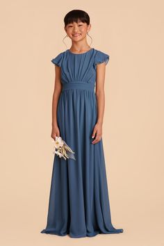 This sweet ruffle-sleeved dress is a dream for a junior bridesmaid. This design features a waistband tie in back for juniors who are between sizes. Mulberry Bridesmaid Dresses, Bridesmaid Dress Chiffon, Junior Dress, Bridesmaid Duties, Rose Bridesmaid Dresses, Bridesmaid Dressing Gowns, Birdy Grey, Dusty Rose Dress, Bridesmaid Dress Colors