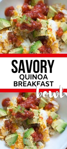 savory quinoa breakfast bowl with avocado and tomato on top