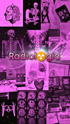 a collage of various images with the words radio gigia on it in black and purple