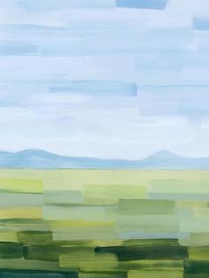 an abstract painting with blue, green and yellow colors on the horizon in front of mountains