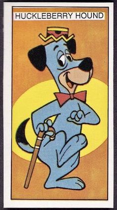 a cartoon dog with a top hat and cane in front of an orange background that says huckleberry hound