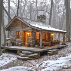 a small log cabin in the woods with snow on the ground and steps leading up to it