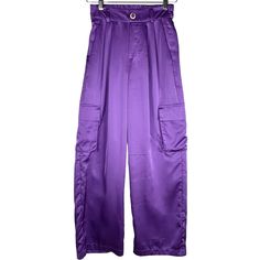 Tullea Purple Satin-Y Wide Leg Pants With Cargo Pockets And Pleat Front. Half Elastic Waist, Bel Loops, An Decorative Gold Button Accents. Size Small But Would Fit An Extra Small Best. Never Worn! Waist: 12" Hips: 17.5" Rise: 11" Thigh: 11" Inseam: 29" Purpel Pants, Cheap Purple Bottoms With Elastic Waistband, Purple Two Set, Purple Clothes Masc, Purple Silk Two Piece, Amethyst Pants, Satin Wide Leg Pants, Purple Satin, Gold Buttons