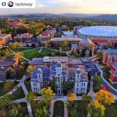 an aerial view of the campus and surrounding buildings