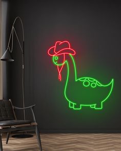 a neon green dinosaur with a hat on it's head in a dark room