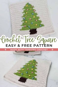 two crochet christmas tree square coasters with text that reads, crochet tree square easy and free pattern made with tapestry