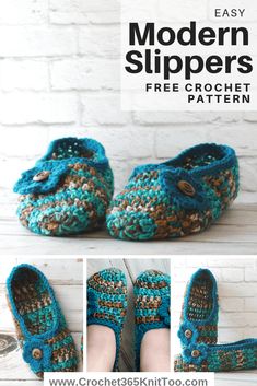 crocheted slippers with buttons on them and text that reads easy modern slippers free crochet pattern