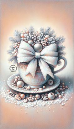 a painting of a cup with a bow on it