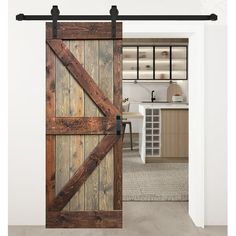 an open sliding barn door in a kitchen