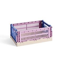 a pink plastic crate on a white background