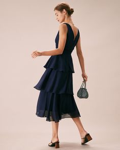 Details: - Navy - Formal - Vintage & Brief - Solid Color - Ruched - Flounce - A-Line - Layered - V-Neck - Sleeveless - Midi - Slim Fit - No Stretch - 100% Polyester - Machine wash or professional dry Fabric: This Ruched Midi Dress is made of Polyester. Polyester is an artificial fiber that feels soft, looks lustrous, and dries fast. It's also durable, with good resistance to wrinkles, stains, and sunlight. Description: This Ruffle Midi Dress is a perfect choice for any occasion. The sleevele Ruffle Layered Dress, Black Tie Wedding Guest Dress, Tailored Clothes, Vintage Slip, Ankle Dress, Ruffle Midi Dress, Ruched Midi Dress, Navy Midi Dress, Layer Dress